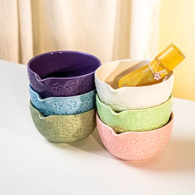 500ml Handcrafted Purple Ceramic Matcha Bowl Chawan Green and White Matcha Tea Bowl Set Japanese Matcha Tea Bowl with Spout