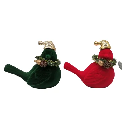 Custom Christmas Flocked Ceramic Robin Figurine with Hat - Festive Decorative Statue for Holiday Decor (green, Red, Grey)