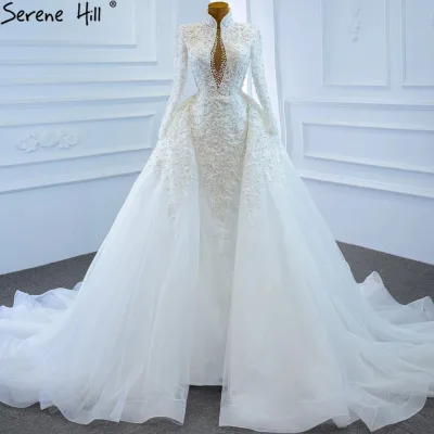 White Full Sleeve Mermaid Wedding Dresses 2024 Muslim Women Over Skirt Luxurious Bridal Gown With Pearls African Wedding Gowns