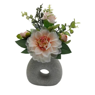 Artificial Dahlia with Ceramic Ring Donut Vase Home Decor Forever Fake Real Touch Flower for Beautiful Indoor Eco-friendly