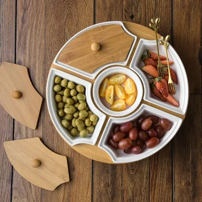 Ceramic Tableware Compartment Fruit Plate With Lid With Rotating Bamboo Base