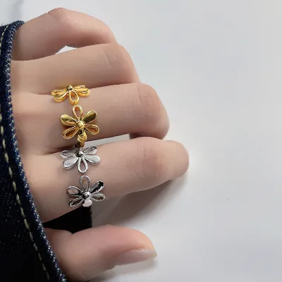Double Floral Opening Adjustable Flower Ring Stainless Steel Gold Plated Flower Shaped Small Daisy Open Ring for Women