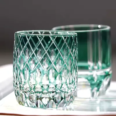 SNW Solid Green Color Dishwasher Safe Hand-engraving Leadfree Crystal Edo Kiriko American Style Vintage Whiskey Tumbler for Gift