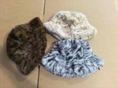 Imitation Mink Fur Women's Fisherman Hat Leopard Print Stripes Warm Windproof Winter Plush Furry Bucket Hat 100% Polyester