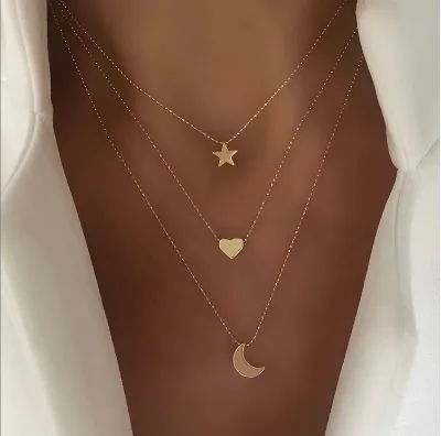 Women's Multi Layer Moon Heart Star Neck Necklace Vintage Clavicle Chain Gold Bead Necklace Jewelry Gift Fashion Decoration
