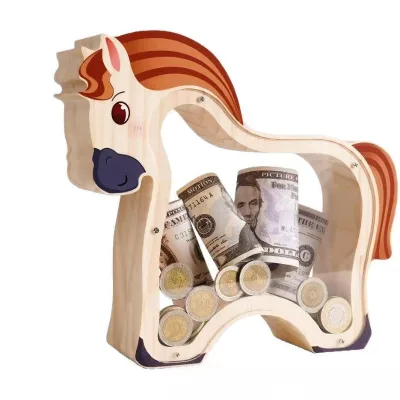 Unbreakable Brown Pony Coin Bank Personalized Birthday Gift Wooden Cashbox Money Jar Piggy Banks Brown Horse Design
