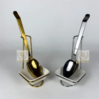 Stainless Steel Serving Spoon with Metal Stand & Ceramic Drip Tray Buffet Spoon Rest Set for Hotel Banquet Catering