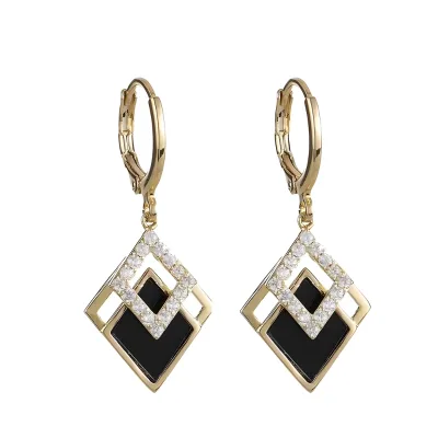 Hot Sale Diamond Square Shaped Hoop Earrings Black Enamel Rhinestone Geometric Drop Earrings