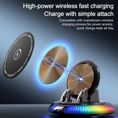 Custom Logo 15W RGB Color Ambient Light Auto Clamping Dashboard Wireless Mobile Rechargeable Phone Holder CE FCC RoHS ISED Mount