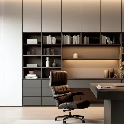 Modern Customized Japandi Study Furniture Built-in Wood Bookcase with Integrated Desk LED Lighting Home Office Storage Cabinet