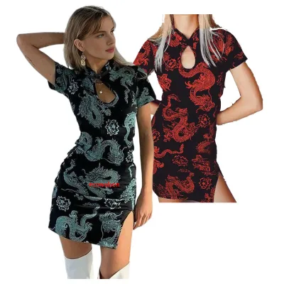 Ecowalson Women's Chinese Cheongsam Dragon Print Qipao Mini Bodycon Dress Chinese Traditional Clothing New Year Dresses
