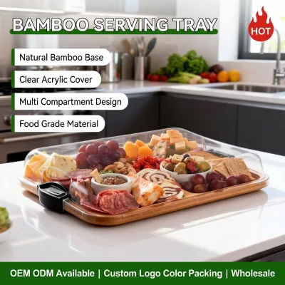 OEM Fruit Serving Tray Wholesale Custom Bamboo Charcuterie Board Set Bamboo Chopping Board with Transparent Locking Lid