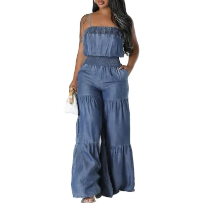 Custom Cotton Strapless Ruched Denim Jumpsuits Streetwear Women Casual Jumpsuit with Wide Legs