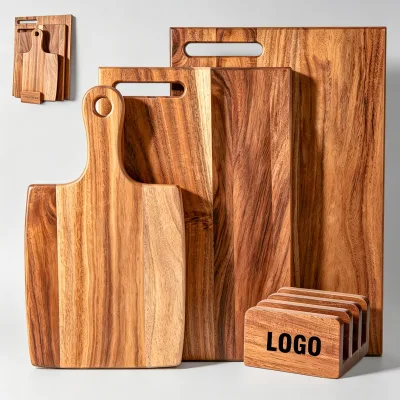 Wood Cutting Board Set Durable Serving Kitchen Chopping Boards 3-Piece Set With Stand for Kitchen Prep Reversible With Handles
