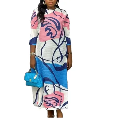 Sheen High Quality Ladies Geometric Pattern Pleated Plus Size Floor-Length Casual Miyake African Designs Chiffon Spring Autumn