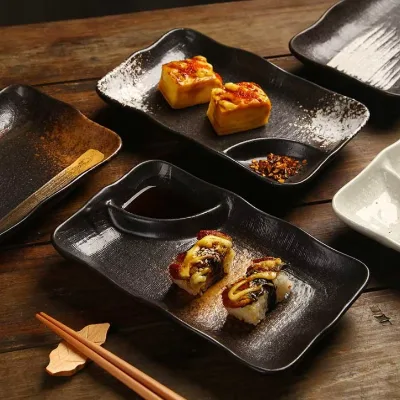 Wholesale Japanese Style Rectangular Ceramic Sushi Plates Retro Appetizer Dishes Tableware Set for Party Restaurant Hotel