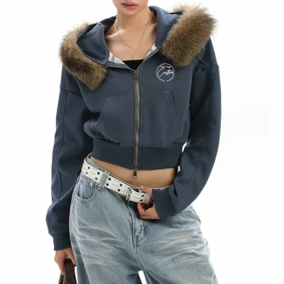 Streetwear Custom High Quality Women's Terry Fleece 100% Cotton Faux Fur Zip up Detachable Hooded Zipper Hoodie