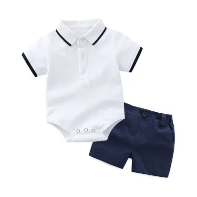 Hot Sale Cotton Knitted Polo Styles 2Pcs  Baby Boy Rompers and Pants Sets