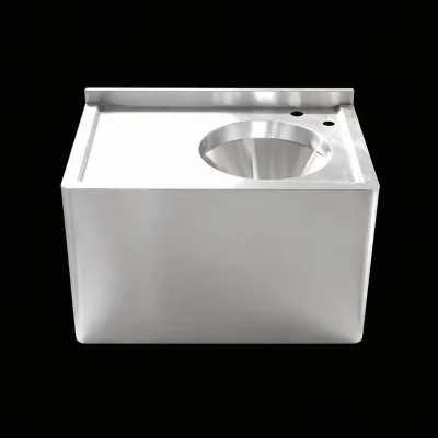 Space Saving Stainless Steel Wall Mounted Wash Basin with Deep Conical Bowl and Rear Splashback for Medical Facility Bathrooms