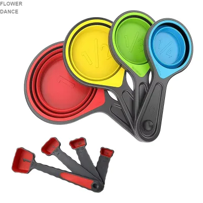 8-Piece Colorful Plastic Silicone Measuring Cup Spoon Set Collapsible Kitchen Baking Cooking Measuring Spoon Set