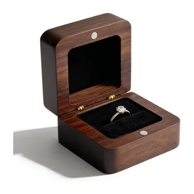 HS Brand Solid Black Walnut Wood Ring Box Single-Slot Vintage Wooden Ring Holder Proposal Engagement Wedding Ceremony Holiday
