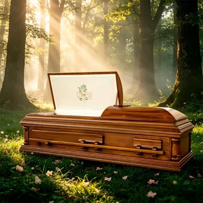 Wooden Export Solid-Wood American Style Funeral Coffins Caskets Shell Carving Laser-Cut Design Brown
