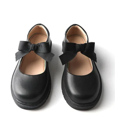 Kids Unisex Black Bowknot Leather School Shoes Non-slip Thick Sole Mary Jane Uniform Buckle Strap Breathable Lightweight
