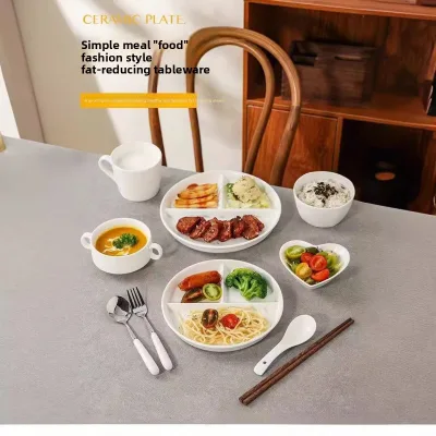 Compartmentalized Ceramic Glazed Solid Pattern Dinner Plate High-End Household Use Serving Plate Microwave Safe Modern