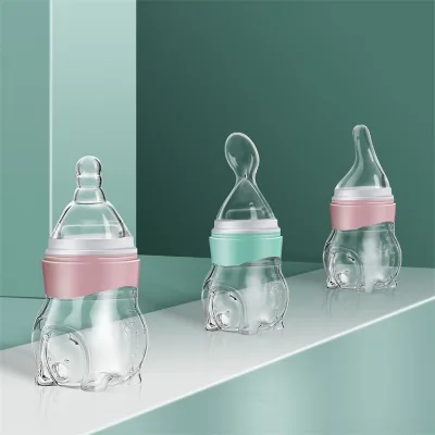 Animal Bear Cartoon Squeeze Silicone Baby Fruit Juice Food Rice Cereal Spoon Feeder Feeding Medicine Milk Bottle
