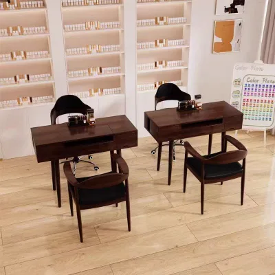 Walnut-colored Solid Wood Single and Double Manicure Tables, High-end Retro Nail Art Tables