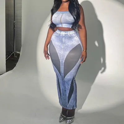 New Product High Waist Print Jean Two Piece Women Sets Skirt