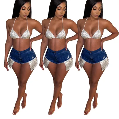 ZHEZHE Hot Girl Style Women's Clothing Fashion Big Pocket Sequined Denim Shorts