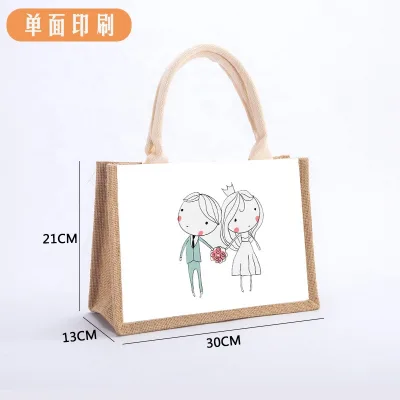 Printed 100% Jute White Tote Bags & Grocery Bags with Button-Moisture-Absorbent Woven Handbag