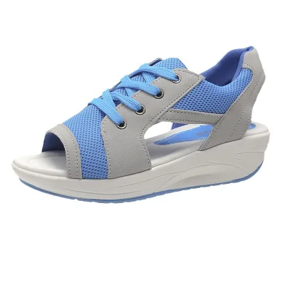 Cross-Border Women's Plus Size Summer Wedges Sandals Fashionable Casual Peep-Toe Designs Lace-Up Thick-Soled Outdoor Style