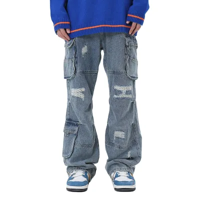 Custom Mens Boys High Street Style Multi Pocket Ripped Cargo Jeans Streetwear Hip Hop Straight Casual Wide-Leg Pants New Release