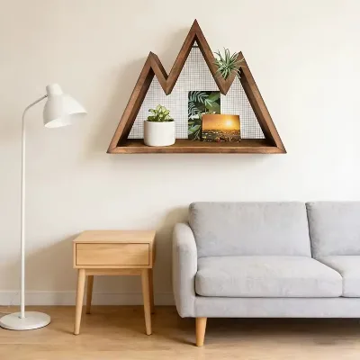 Hot Sale Modern Geometric Mountain Pattern Floating Shelf, Rustic Bamboo & Solid Wood Wall Mounted Storage Rack