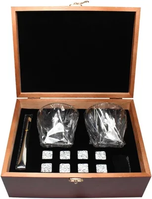 Whiskey Glass Set Whiskey Glass Set of 2 - Bourbon Whiskey Stones Wood Box Gift Set