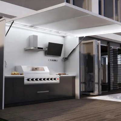 Outdoor Kitchen Island with Integrated BBQ Grill - Villa Backyard Outdoor Cabin with Modern Grill, Lift-up Refrigerator