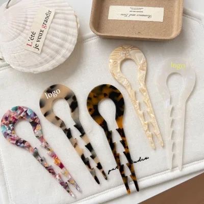 Factory Custom LOGO Latest Acetate U Shape Hair Fork With Teeth 13.5cm Large Elegant French Style for Women