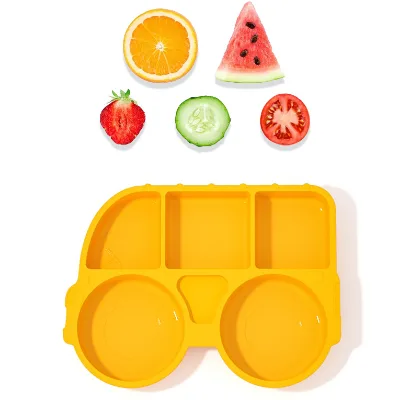Integrated Suction Cup Baby Feeding Silicone Tray with Car Partition Complementary Food Tray for Toddlers Kids Plate