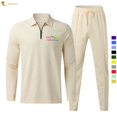 Factory OEM Service 100% Cotton Knitted Summer Waffle Long Sleeve Men's Polo Shirts and Pants Set Plain Design Two-Piece Set
