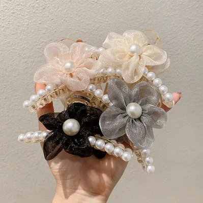 Mesh Pearl Flower Clip Elegant Premium Temperament Large Shark Hair Claw for Female