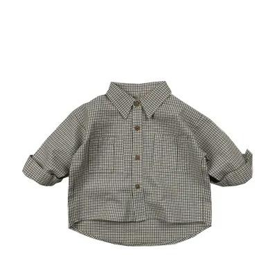 Retro Fresh Small Lapel Korean Children's Plaid Spring New Boys Girls Symmetrical Pocket Casual T-Shirt Long Cotton Fabric Baby