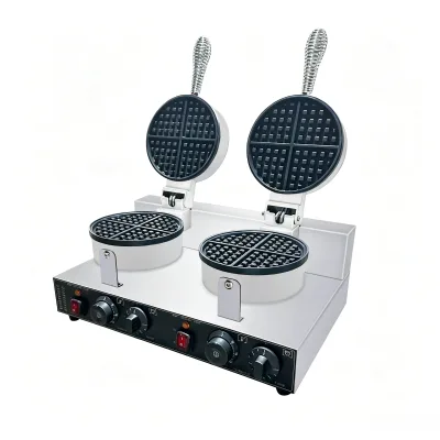 Commercial Double Head Round Belgian Waffle Maker Machine 2500W Stainless Steel Non-stick Electric Waffle Baker for Cafe