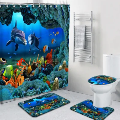 CF Ocean Dolphin Absorbent Velvet Non Slip Toilet Shower Bath Mat Set 3D Digital Print Polyester Waterproof Shower Curtain Set