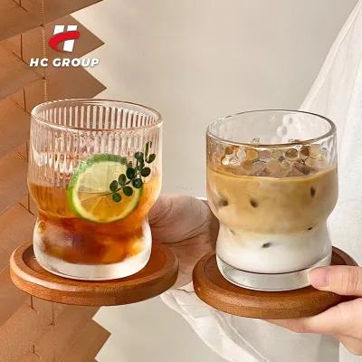 Niche Design Ribbed Engraved Coffee Beverage Cup Household Clear Milk Water Cup Glass
