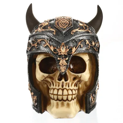 Top Selling Durable Resin Black Armour Viking Skull Head Popular Halloween Spooky Props Skull Helmet Sculptures Statue
