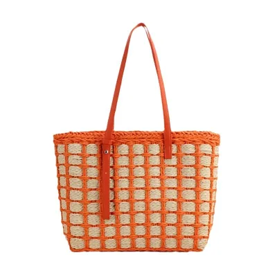 Matsujin Women's Vintage Checkered Straw Beach Tote Handbag - Zippered, Durable  with Polyester Lining