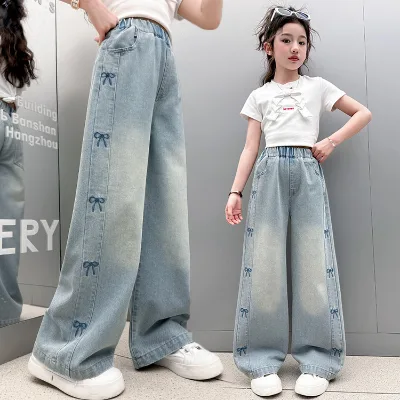 Spring Autumn New Girls' Denim Jeans Loose Straight Middle Big Children's Wide Leg Pants Embroidered Bow Casual Long