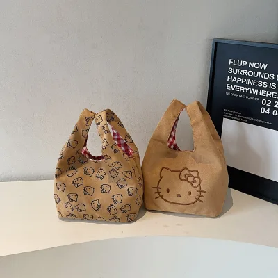 Selling Autumn Winter Cute Kitty Faux Suede Patchwork Vintage Red Plaid Fashion Handbag Mini Portable Basket Wrist Bag for Women